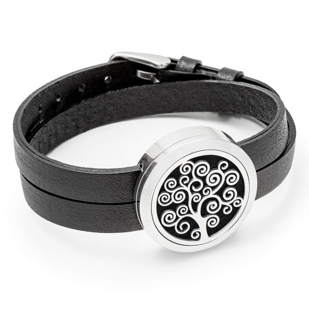 Duftende armbånd "TREE OF LIFE"- Svart skinnarmbånd