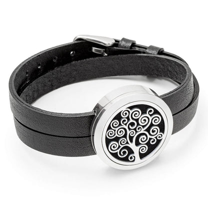 Duftende armbånd "TREE OF LIFE"- Svart skinnarmbånd